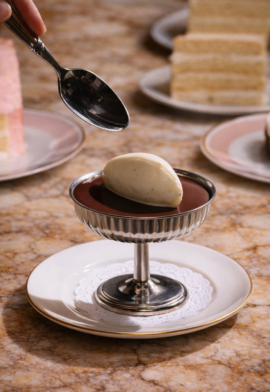 A scoop of vanilla ice cream in a silver coupe dish over chocolate sauce, with a spoon held above and layered cakes visible in the background.